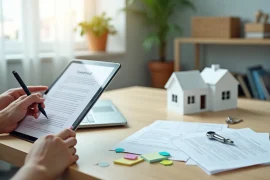 Pessoa assinando contrato de aluguel digital em mesa organizada com miniatura de casa