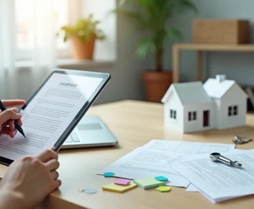 Pessoa assinando contrato de aluguel digital em mesa organizada com miniatura de casa