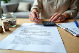 Pessoa organiza pilha de moedas ao lado de contrato de aluguel e calculadora