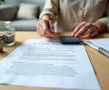 Pessoa organiza pilha de moedas ao lado de contrato de aluguel e calculadora