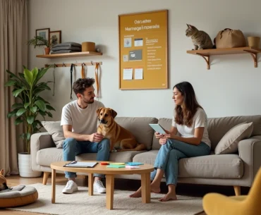 Sala compartilhada organizada com pessoas e animais de estimação em clima tranquilo
