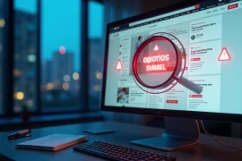 Tela de computador com anúncio de aluguel suspeito ampliado por uma lupa digital