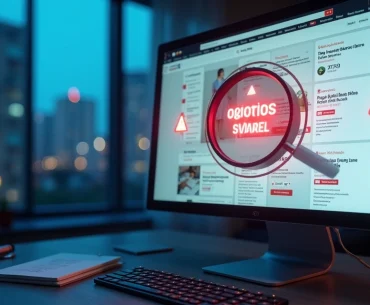 Tela de computador com anúncio de aluguel suspeito ampliado por uma lupa digital