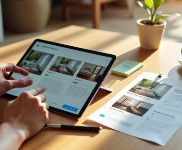 Pessoa ajustando anúncio de quarto em tablet com fotos e descrições em destaque