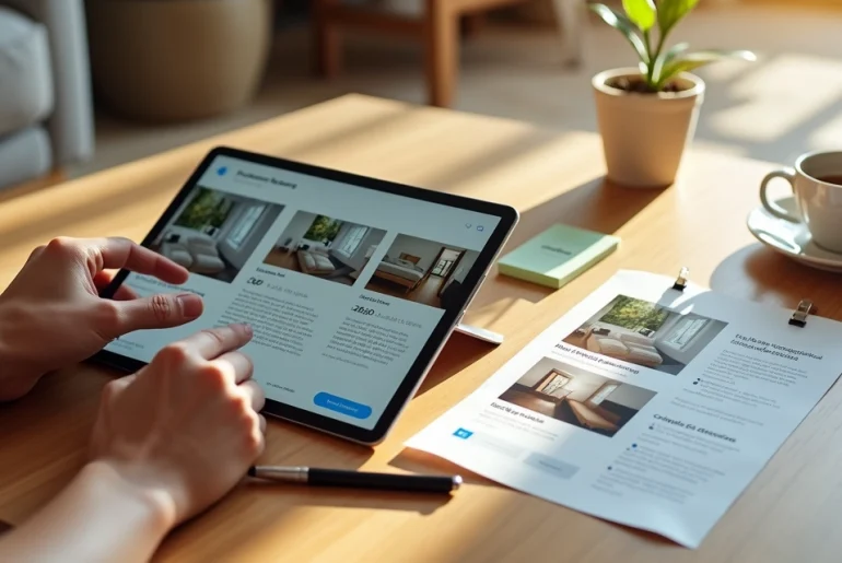 Pessoa ajustando anúncio de quarto em tablet com fotos e descrições em destaque