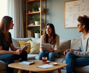 Três pessoas conversando em sala comum analisando perfil de futuro colega de quarto