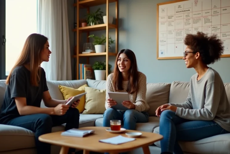 Três pessoas conversando em sala comum analisando perfil de futuro colega de quarto