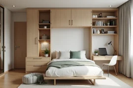 Quarto alugado com móveis multifuncionais integrando cama, escrivaninha e armários planejados