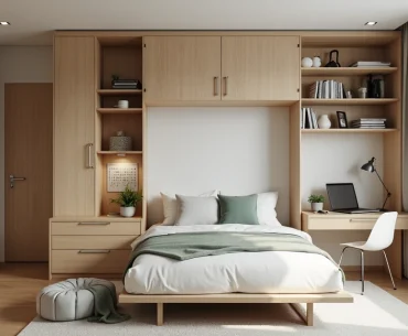 Quarto alugado com móveis multifuncionais integrando cama, escrivaninha e armários planejados
