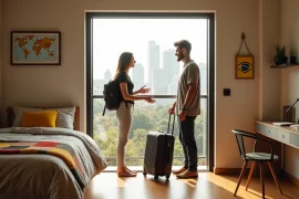 Anfitriã brasileira recebe estudante estrangeiro em quarto alugado com vista urbana
