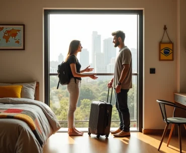 Anfitriã brasileira recebe estudante estrangeiro em quarto alugado com vista urbana