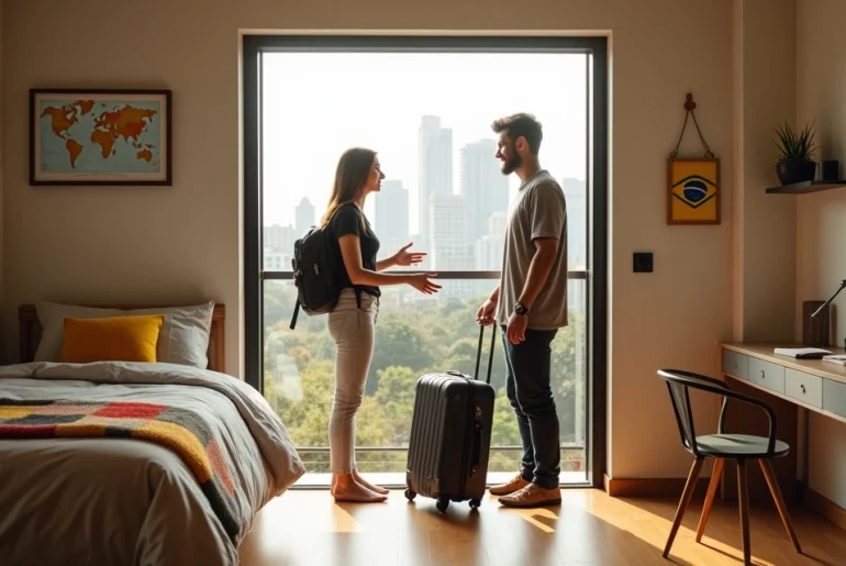 Anfitriã brasileira recebe estudante estrangeiro em quarto alugado com vista urbana