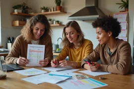 Jovens em cozinha compartilhada analisando contas coloridas na bancada
