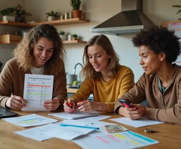 Jovens em cozinha compartilhada analisando contas coloridas na bancada