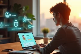 Jovem usando notebook cria perfil de moradia com ícones de segurança ao redor