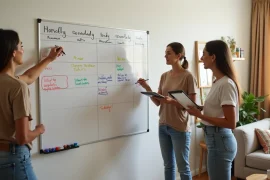 Três roommates apontam para quadro branco dividindo tarefas de limpeza na sala compartilhada