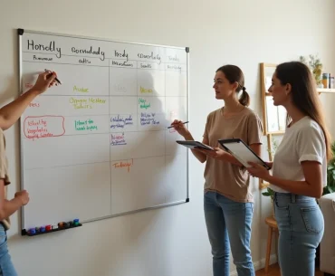Três roommates apontam para quadro branco dividindo tarefas de limpeza na sala compartilhada