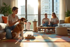 Moradora em sala compartilhada acaricia cachorro próximo a bandeja de alimentação pet