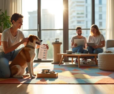 Moradora em sala compartilhada acaricia cachorro próximo a bandeja de alimentação pet