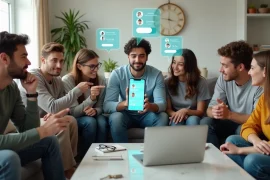Grupo de jovens sentados em sofá vendo app de roommates no celular