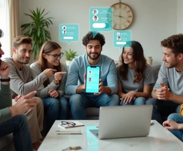 Grupo de jovens sentados em sofá vendo app de roommates no celular