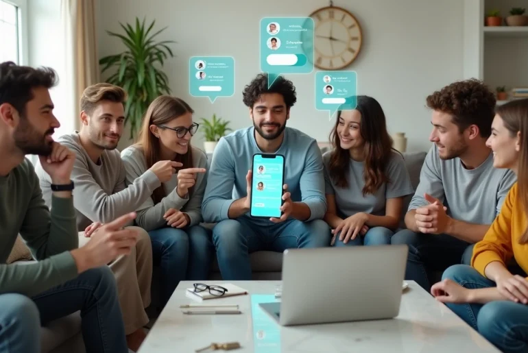 Grupo de jovens sentados em sofá vendo app de roommates no celular