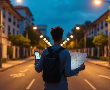 Pessoa observa rua residencial bem iluminada com mapa na mão