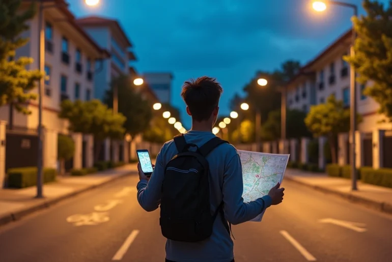 Pessoa observa rua residencial bem iluminada com mapa na mão