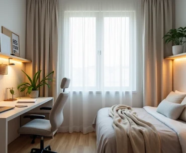 Quarto alugado pequeno organizado como home office confortável