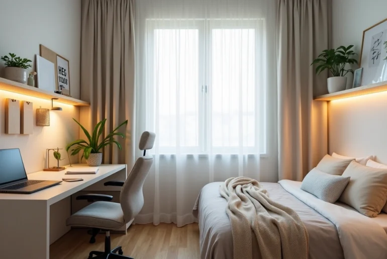 Quarto alugado pequeno organizado como home office confortável