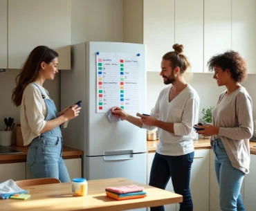 Roommates marcam checklist de limpeza semanal na cozinha compartilhada