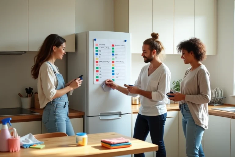 Roommates marcam checklist de limpeza semanal na cozinha compartilhada
