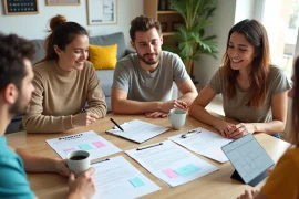Roommates revisando contrato de convivência em mesa com plantas e canecas de café
