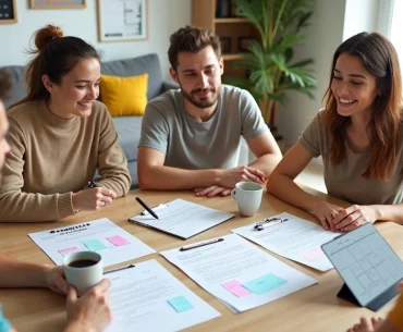 Roommates revisando contrato de convivência em mesa com plantas e canecas de café