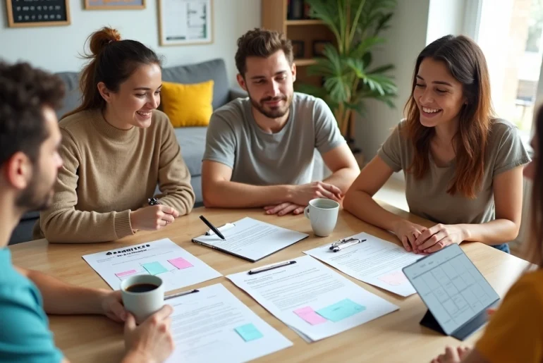 Roommates revisando contrato de convivência em mesa com plantas e canecas de café