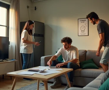 Roommates em sala pequena ajustando eletrônicos para economizar energia