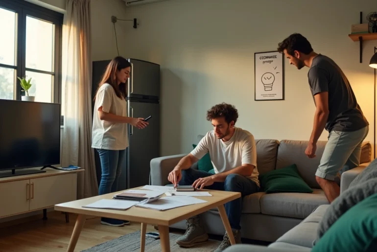 Roommates em sala pequena ajustando eletrônicos para economizar energia