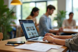 Pessoa autônoma negociando aluguel de quarto pelo notebook em cafeteria moderna