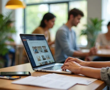 Pessoa autônoma negociando aluguel de quarto pelo notebook em cafeteria moderna