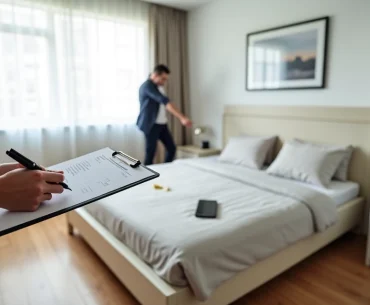 Corretor e inquilino conferem checklist de vistoria em quarto mobiliado