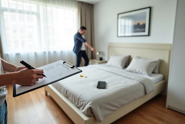 Corretor e inquilino conferem checklist de vistoria em quarto mobiliado