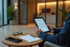 Pessoa avaliando contrato digital de aluguel em tablet no saguão do prédio