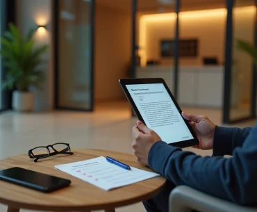 Pessoa avaliando contrato digital de aluguel em tablet no saguão do prédio