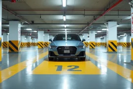 Vaga de garagem bem demarcada em garagem de condomínio com carro estacionado