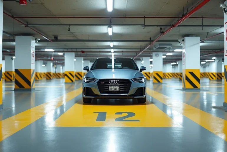 Vaga de garagem bem demarcada em garagem de condomínio com carro estacionado