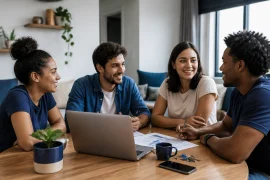Jovens dividindo uma sala de apartamento compartilhado enquanto conversam sobre despesas e rotina da casa