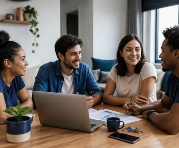 Jovens dividindo uma sala de apartamento compartilhado enquanto conversam sobre despesas e rotina da casa