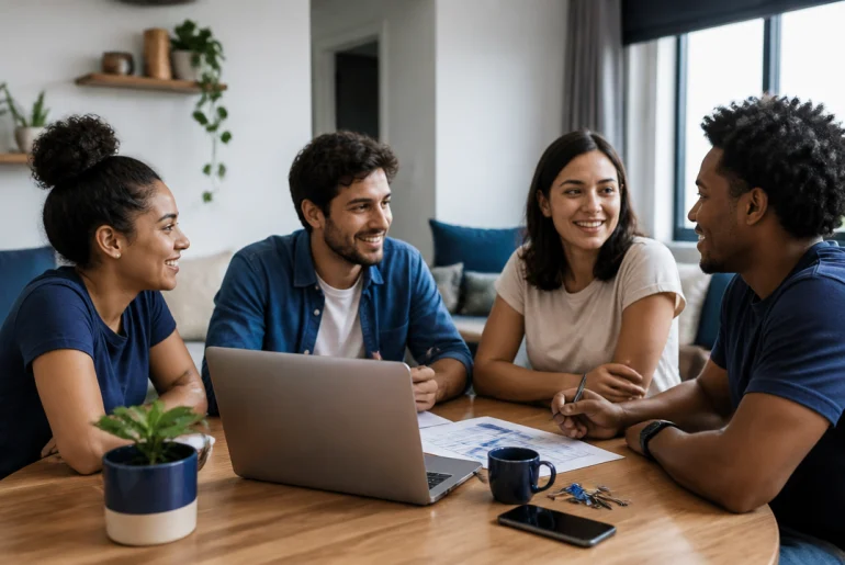 Jovens dividindo uma sala de apartamento compartilhado enquanto conversam sobre despesas e rotina da casa