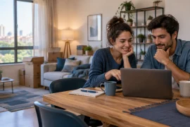 Duas pessoas analisam opções de aluguel e conversam sobre compartilhar um apartamento iluminado