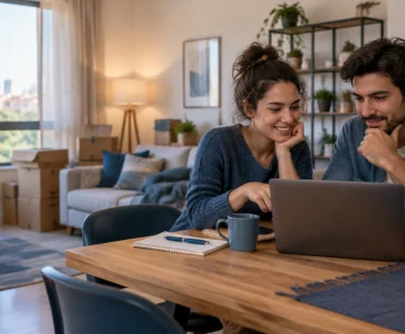 Duas pessoas analisam opções de aluguel e conversam sobre compartilhar um apartamento iluminado